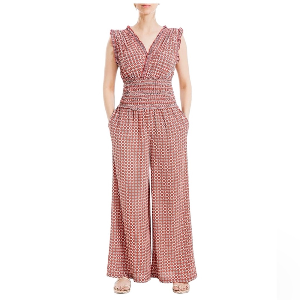 Max Studio Women’s jumpsuit Vneck front & back pull on style shirred waistline L